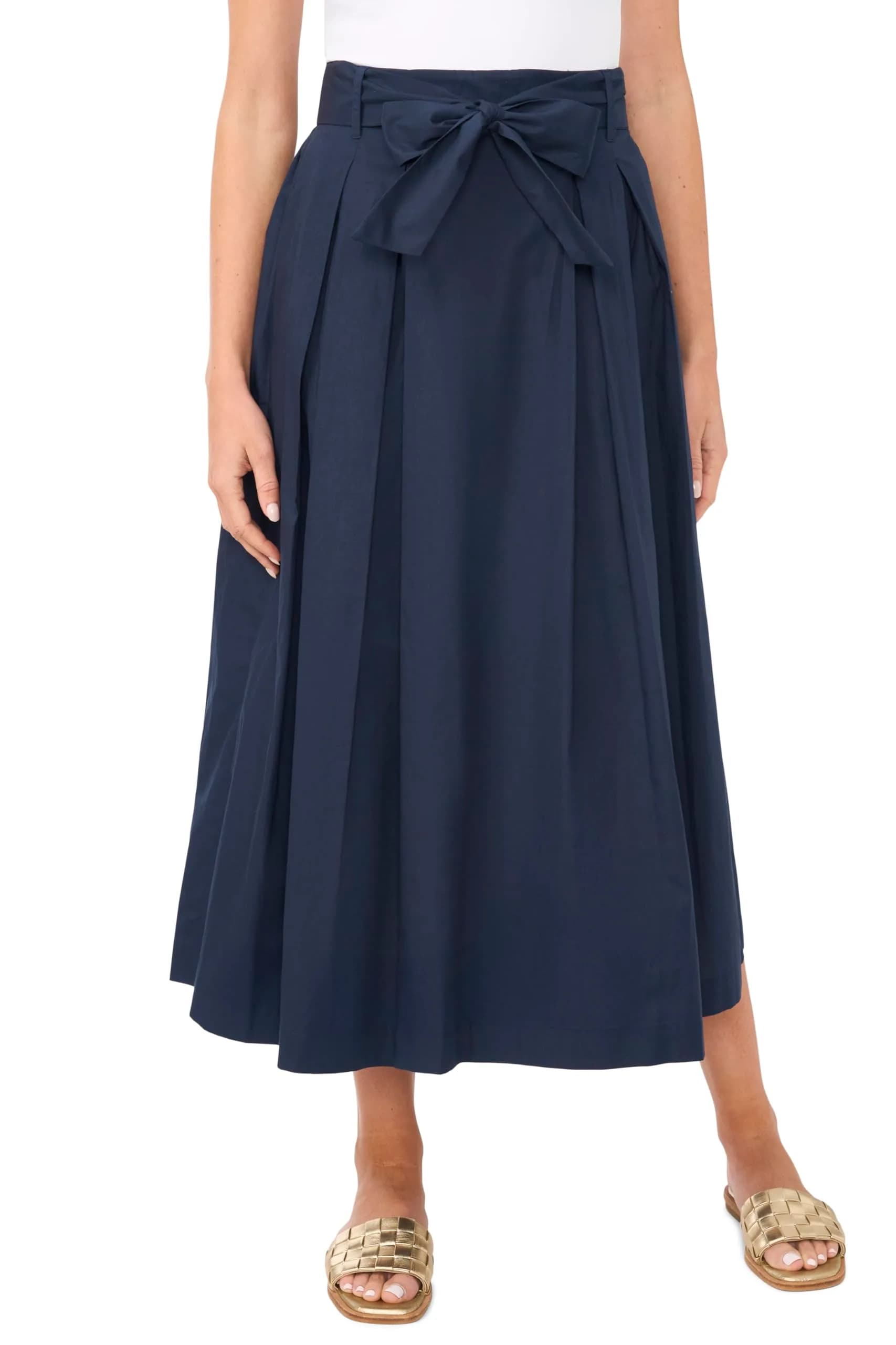 1.STATE Bow Belt Box Pleated Skirt | Mid Rise, Indigo Night, 100% Cotton, Professional