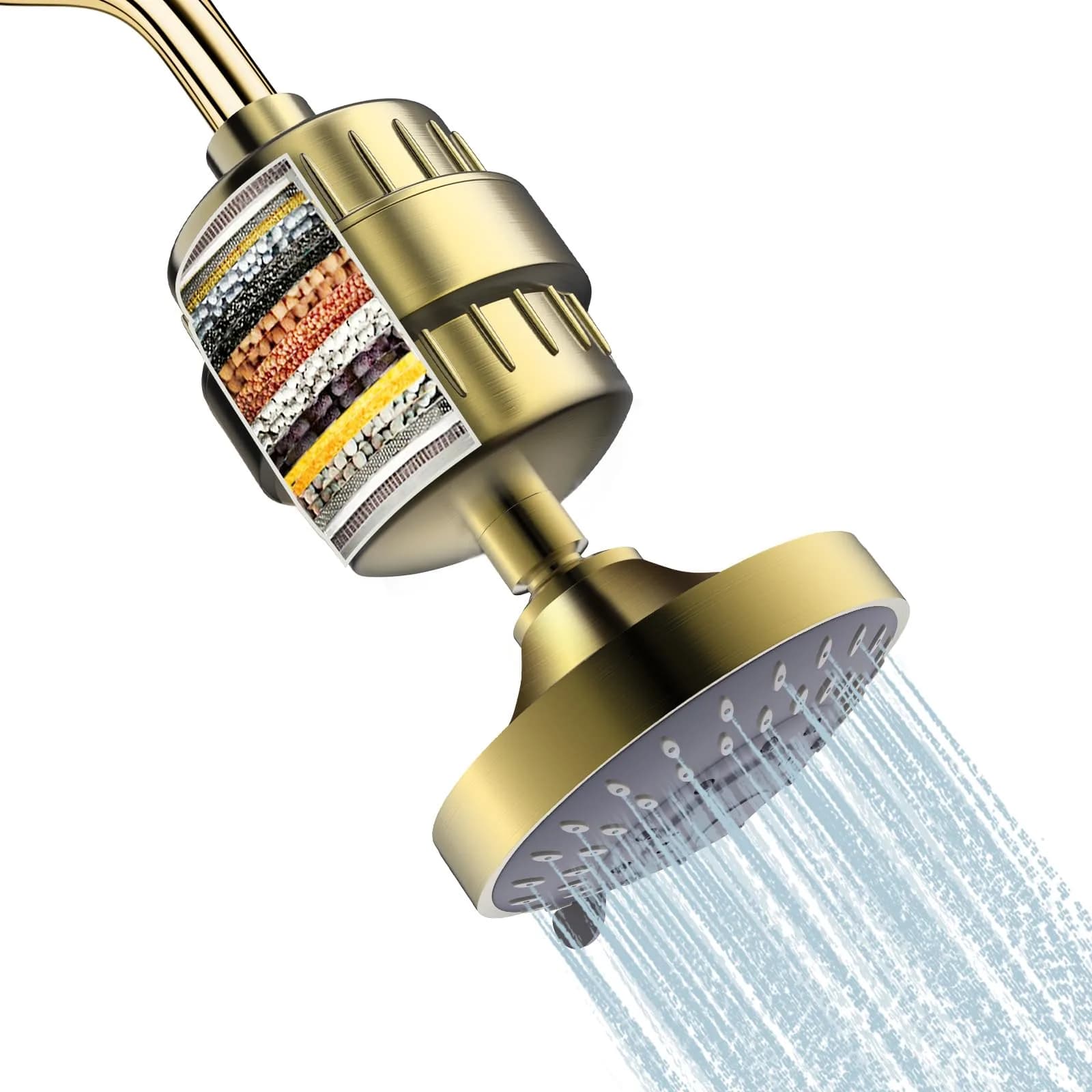 FEELSO Fixed Shower Head with 15-Stage Filter | Golden Finish, 4.1 Inch Diameter, 5 Spray Modes