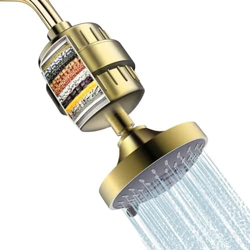 FEELSO Fixed Shower Head with 15-Stage Filter | Golden Finish, 4.1 Inch Diameter, 5 Spray Modes thumbnail 1