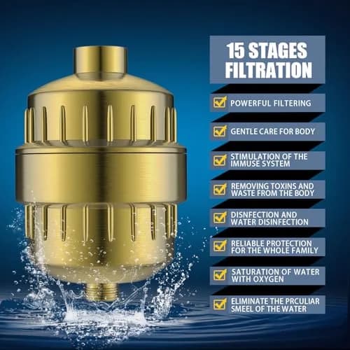 FEELSO Fixed Shower Head with 15-Stage Filter | Golden Finish, 4.1 Inch Diameter, 5 Spray Modes thumbnail 3