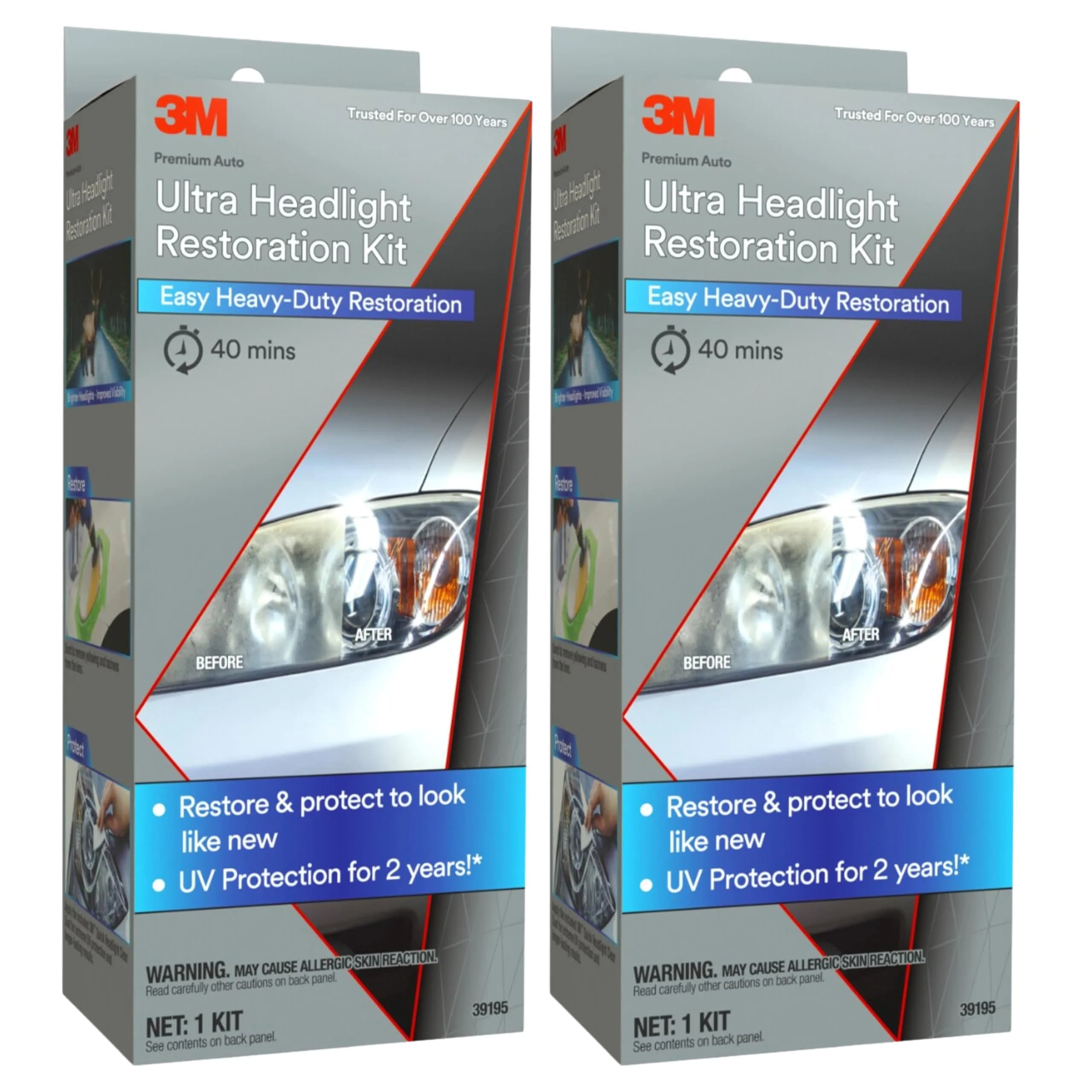 3M Ultra Headlight Restoration Kit 39195, 2 Kits | Restores Cloudy Yellowed Plastic Lenses