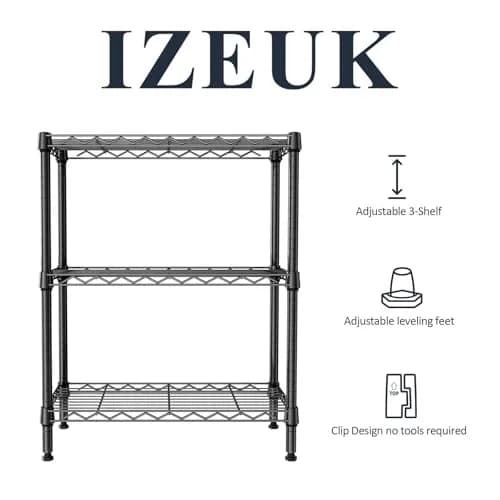 IZEUK 3-Tier Wire Shelving Unit, Small Metal Shelf Rack for Kitchen & Bathroom | 750 lbs Capacity, Black, Adjustable thumbnail 4