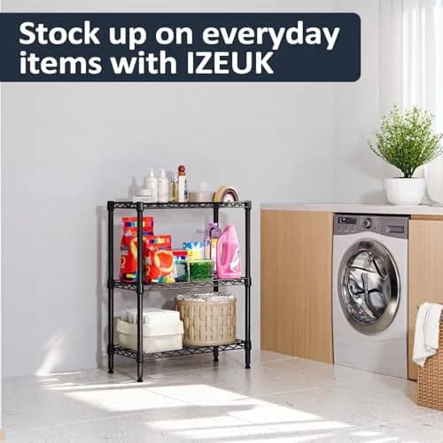 IZEUK 3-Tier Wire Shelving Unit, Small Metal Shelf Rack for Kitchen & Bathroom | 750 lbs Capacity, Black, Adjustable thumbnail 6
