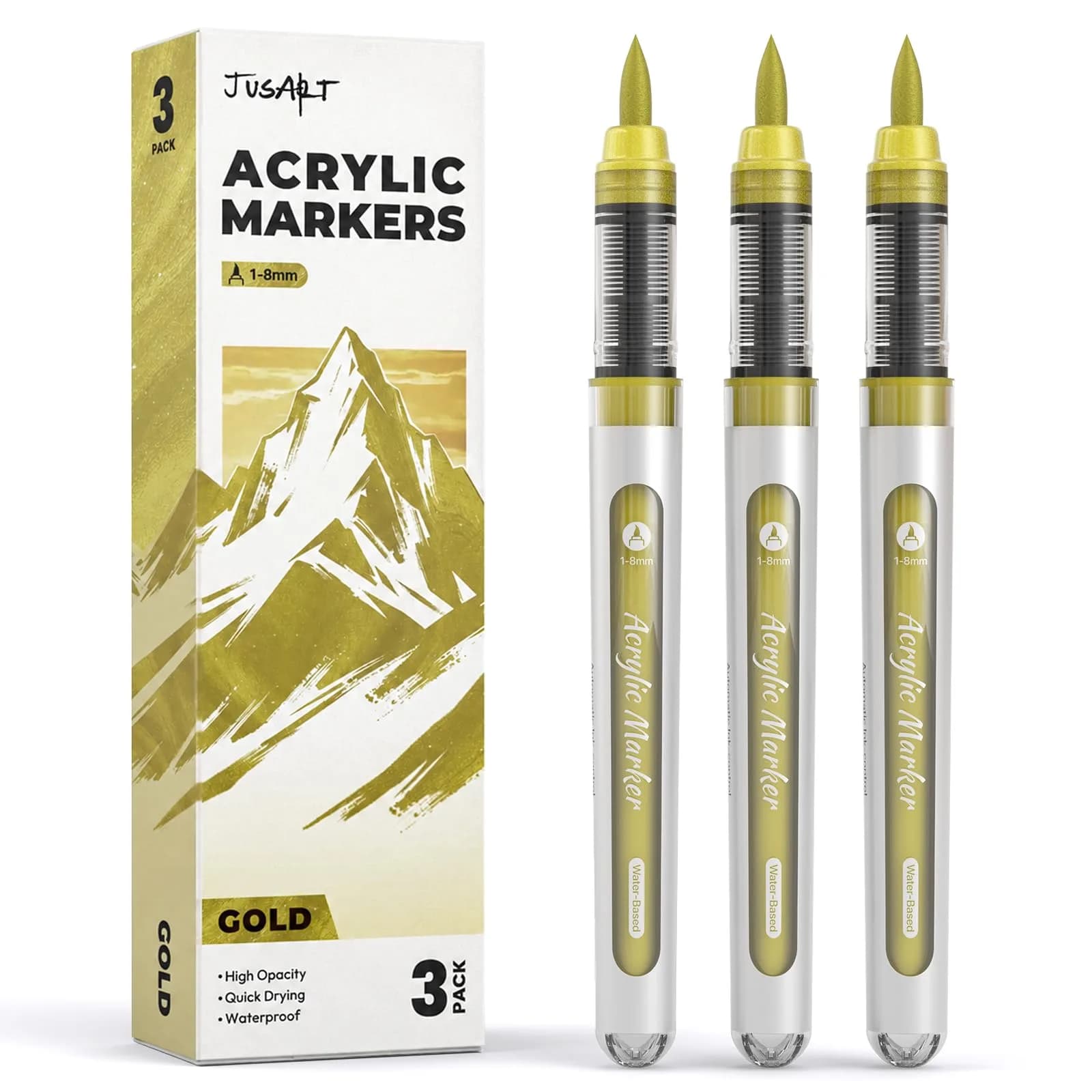 JusArt Gold Acrylic Paint Markers Brush Tip (3-Pack, 1-8mm Lines) | ASTM D4236 Certified