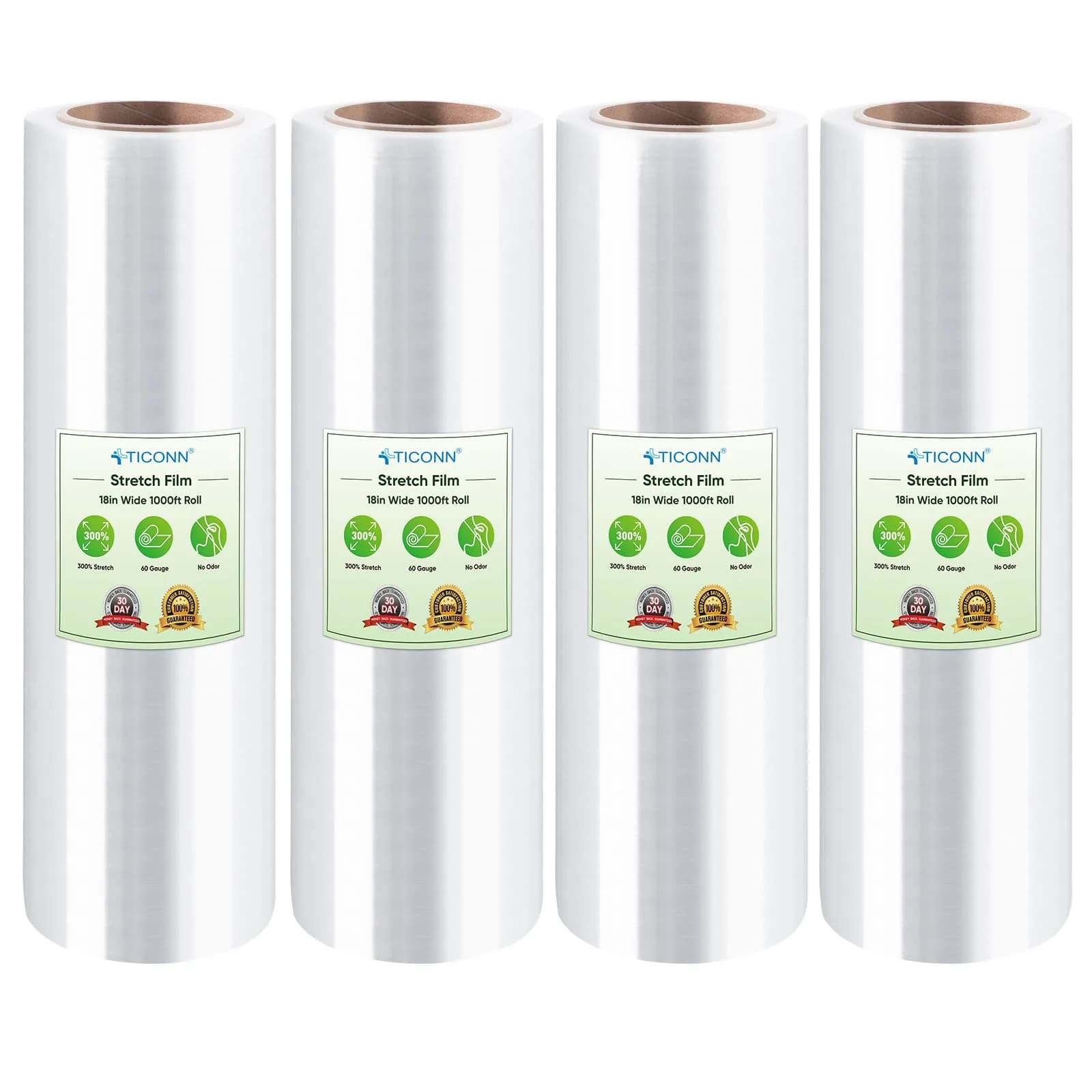TICONN Stretch Wrap Roll 18 in x 1000 ft (4 Rolls) | Industrial Strength Plastic Film for Moving Furniture & Pallets