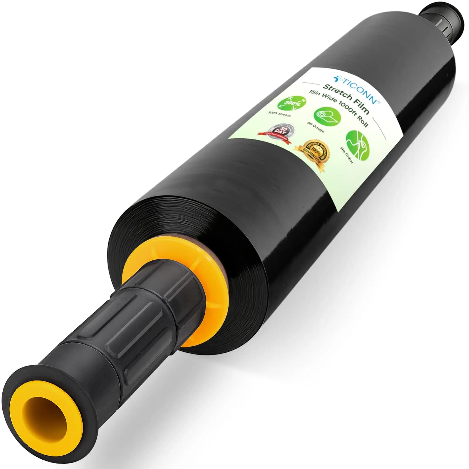 TICONN Stretch Wrap Roll, 15 in x 1000 ft Plastic Wrap with Handles | Industrial Strength for Moving Furniture — 15''-1PK Black
