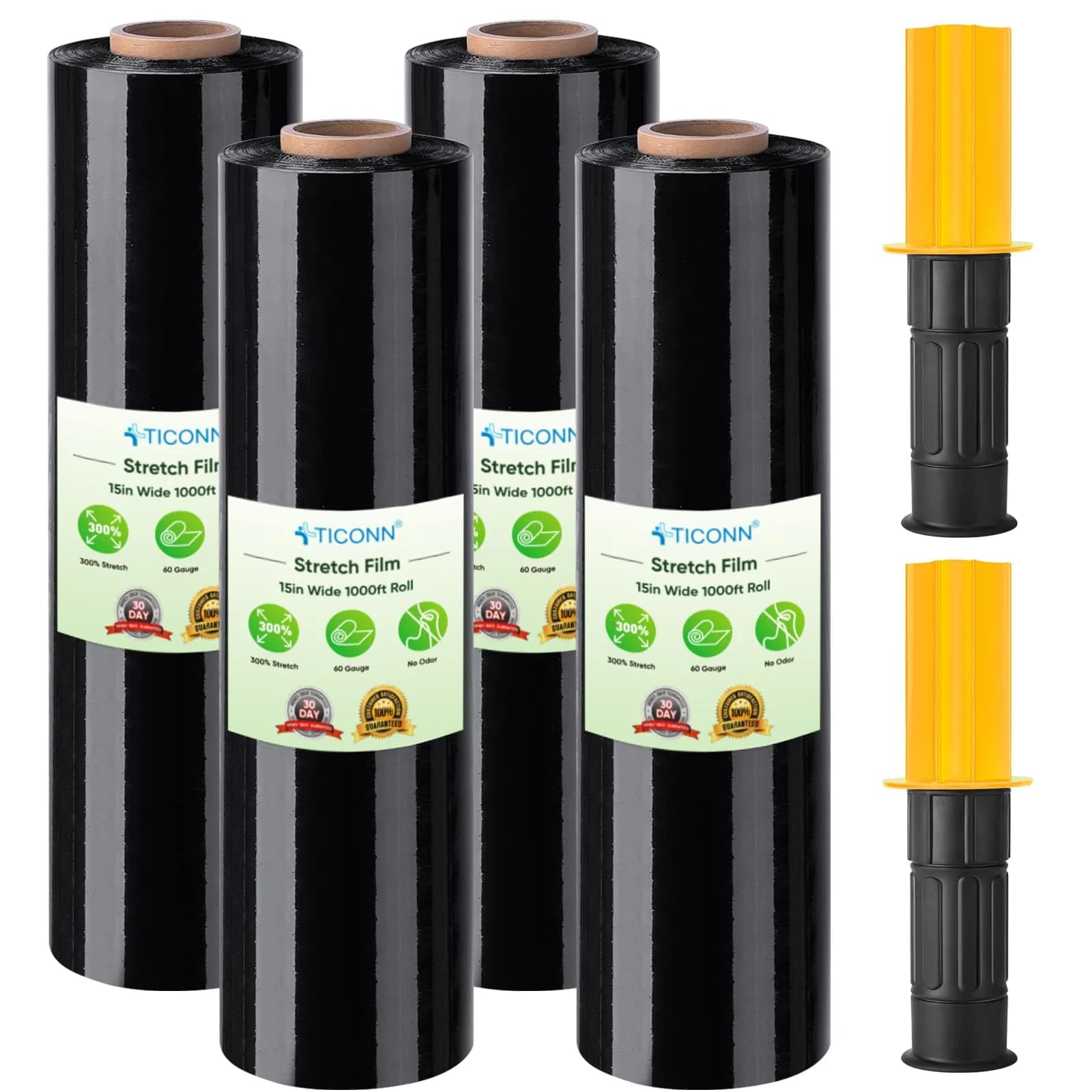 TICONN Stretch Wrap Roll 4-Pack, 15 in x 1000 ft (38 cm x 3048 m) | Industrial Strength Plastic Film for Moving & Storage