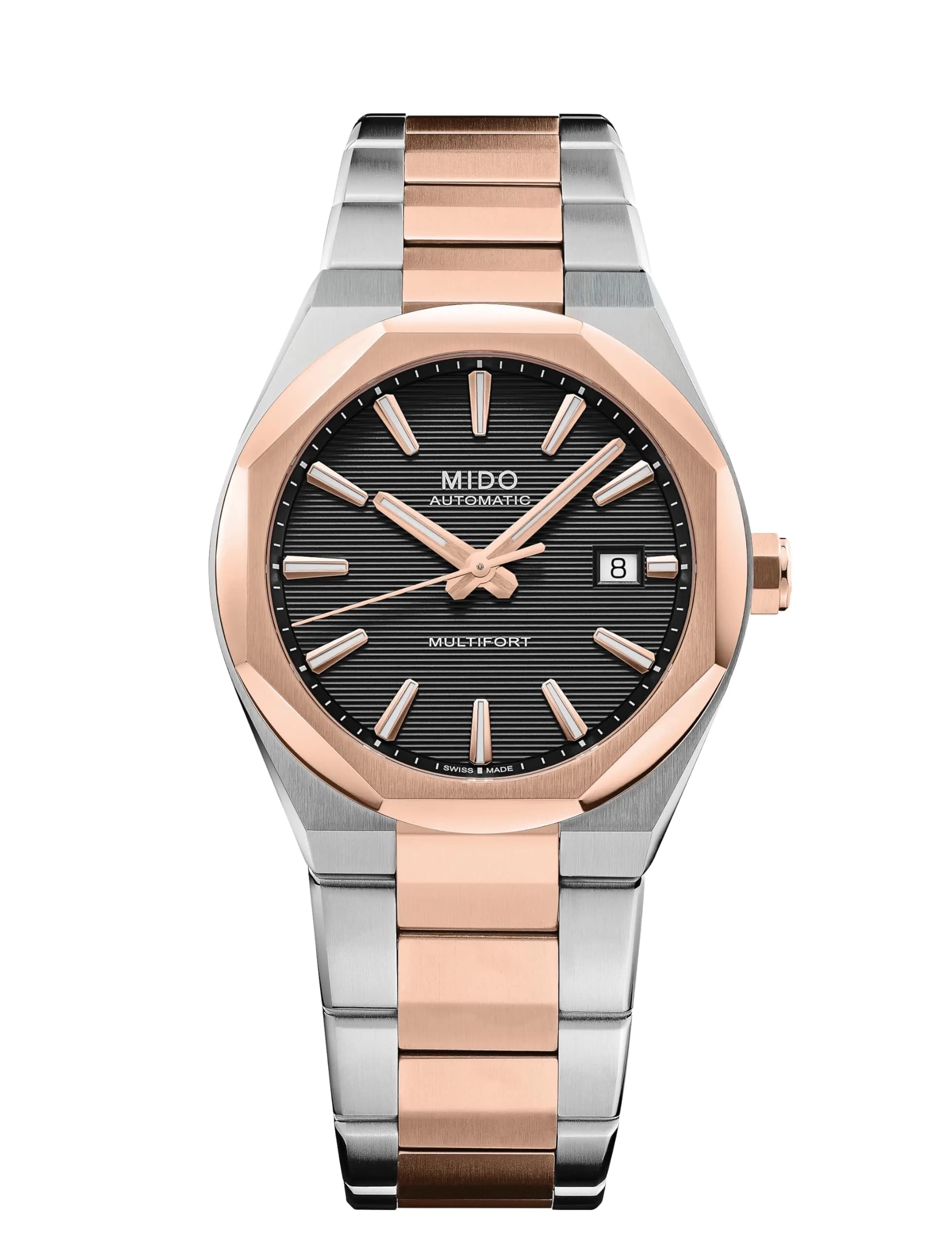 MIDO Multifort 8 One Crown Swiss Automatic Watch for Men 40mm Stainless Steel Case Black Dial — Two Tone Stainless Steel