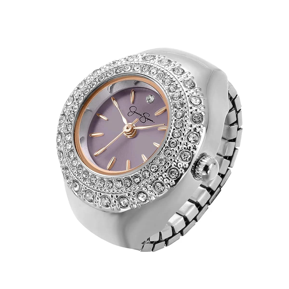 Jessica Simpson Silver Adjustable Ring Watch – Crystal Bezel, Quartz Analog Mini Dial, Stretch Band Fashion Jewelry Accessory — Silver/Rose Gold