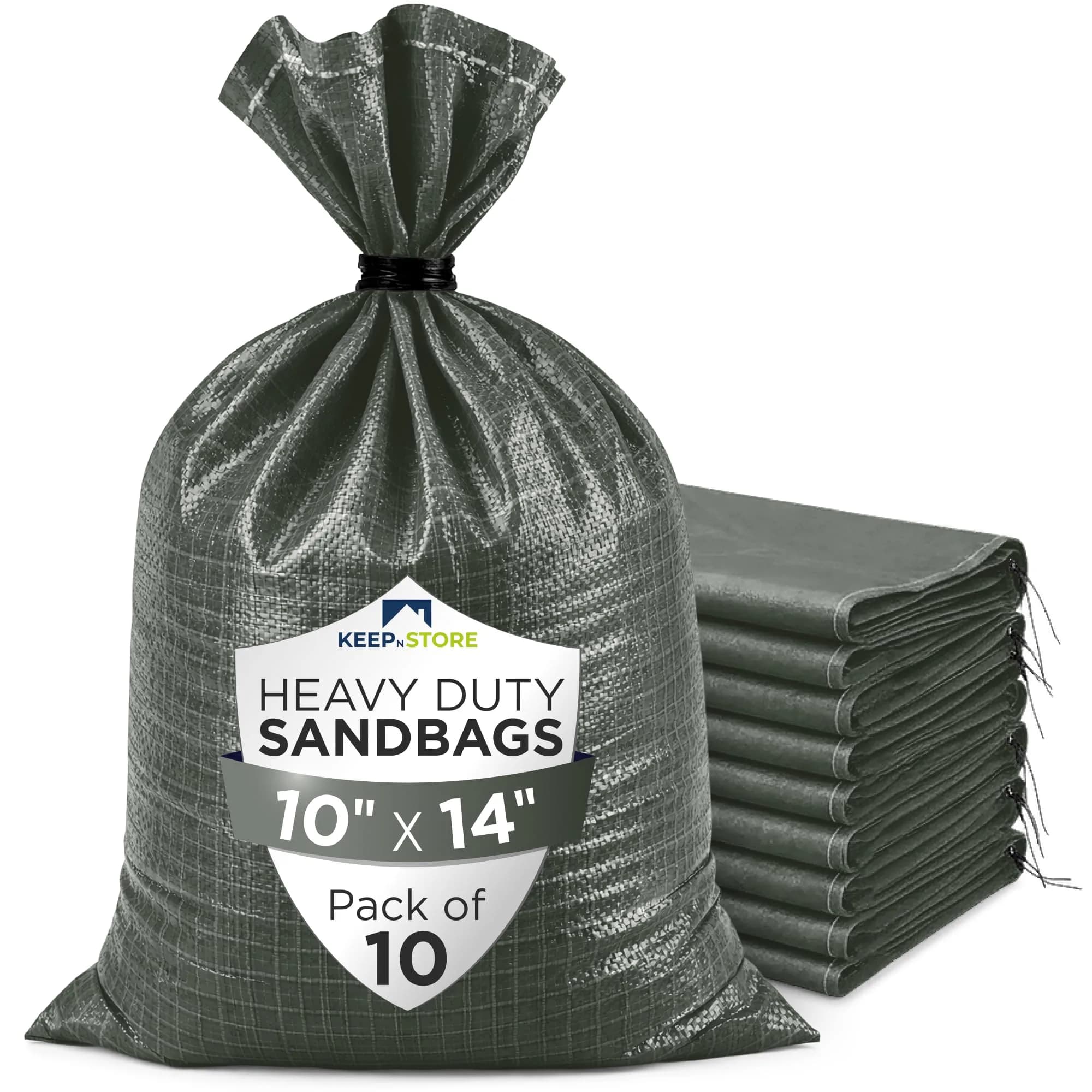 Keep N Store Heavy Duty Sand Bags Pack of 10 | 12x20 inch, 25 lb Capacity, UV Protected, Fillable with Ties, Bright Orange — Army Green / 10"W x 14"L