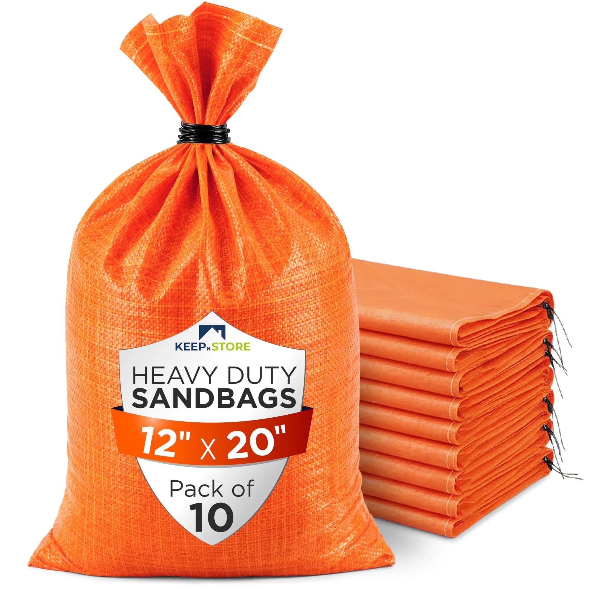 Keep N Store Heavy Duty Sand Bags Pack of 10 | 12x20 inch, 25 lb Capacity, UV Protected, Fillable with Ties, Bright Orange - main product image