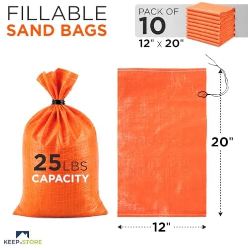 Keep N Store Heavy Duty Sand Bags Pack of 10 | 12x20 inch, 25 lb Capacity, UV Protected, Fillable with Ties, Bright Orange thumbnail 2