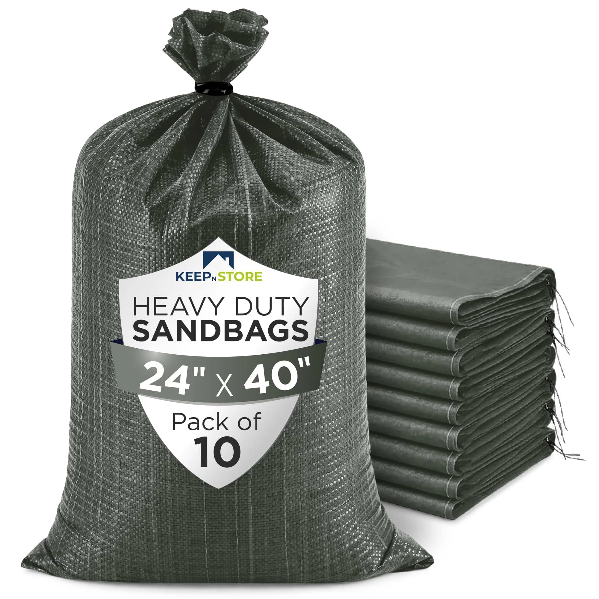 Keep N Store Heavy Duty Sand Bags Pack of 10 | 12x20 inch, 25 lb Capacity, UV Protected, Fillable with Ties, Bright Orange — Army Green / 24"W x 40"L