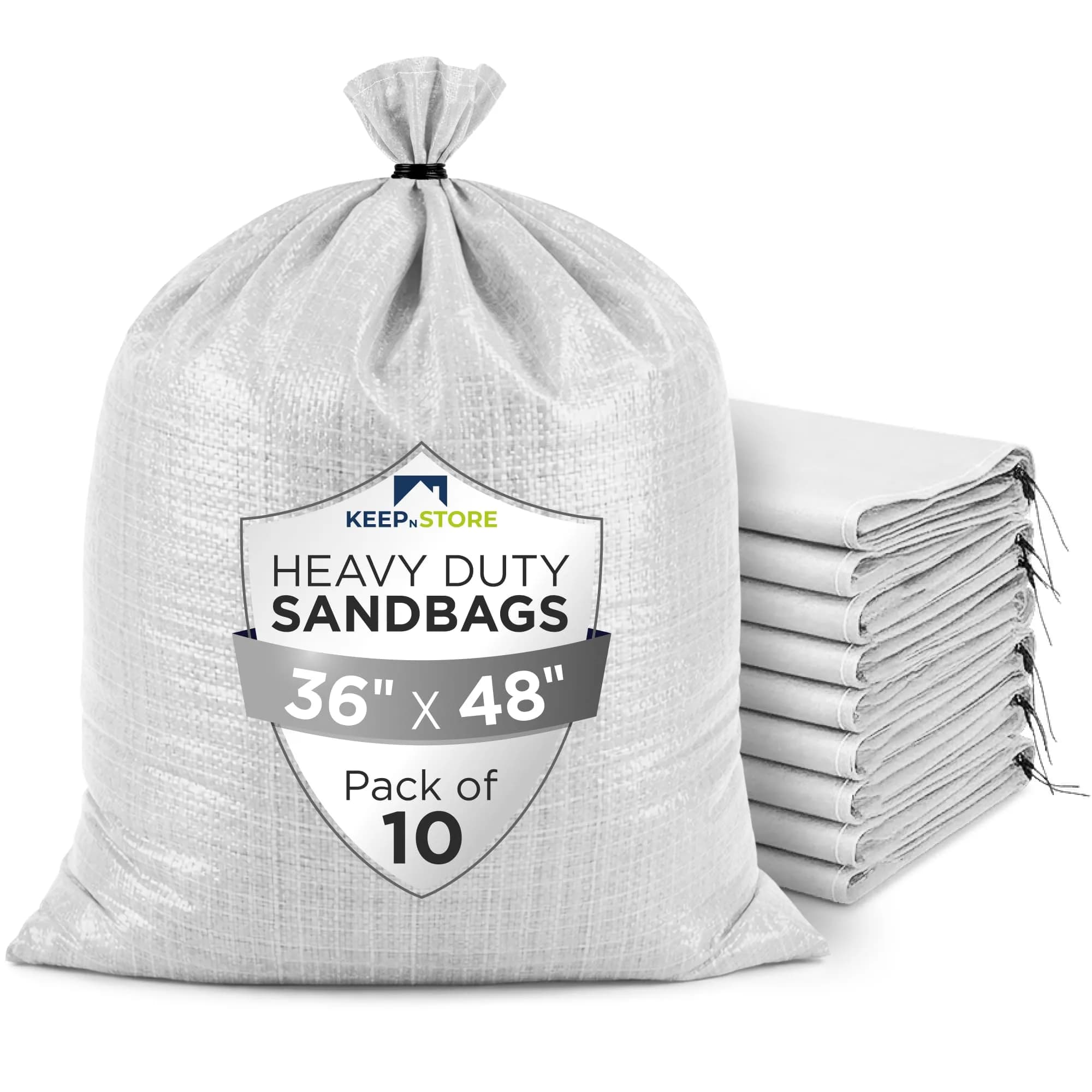 Keep N Store Heavy Duty Sand Bags Pack of 10, Army Green 24x40 inches | UV Protection 1600 Hours — White / 36"W x 48"L