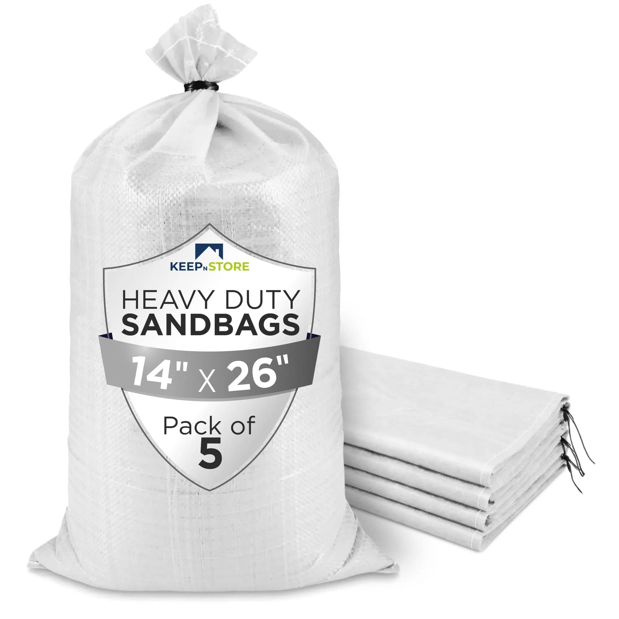Keep N Store Heavy Duty Sand Bags Pack of 5, 36x48 inches | UV Resistant Woven Polypropylene Flood Control Bags — White / 14"W x 26"L