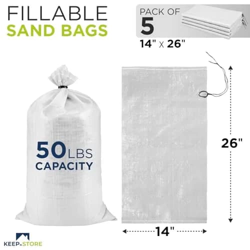 Keep N Store Heavy Duty Sand Bags Pack of 5, White Empty Sandbags 36cm x 66cm (14"x26") | UV Protected Woven Polypropylene for Flood Control & Weight thumbnail 2
