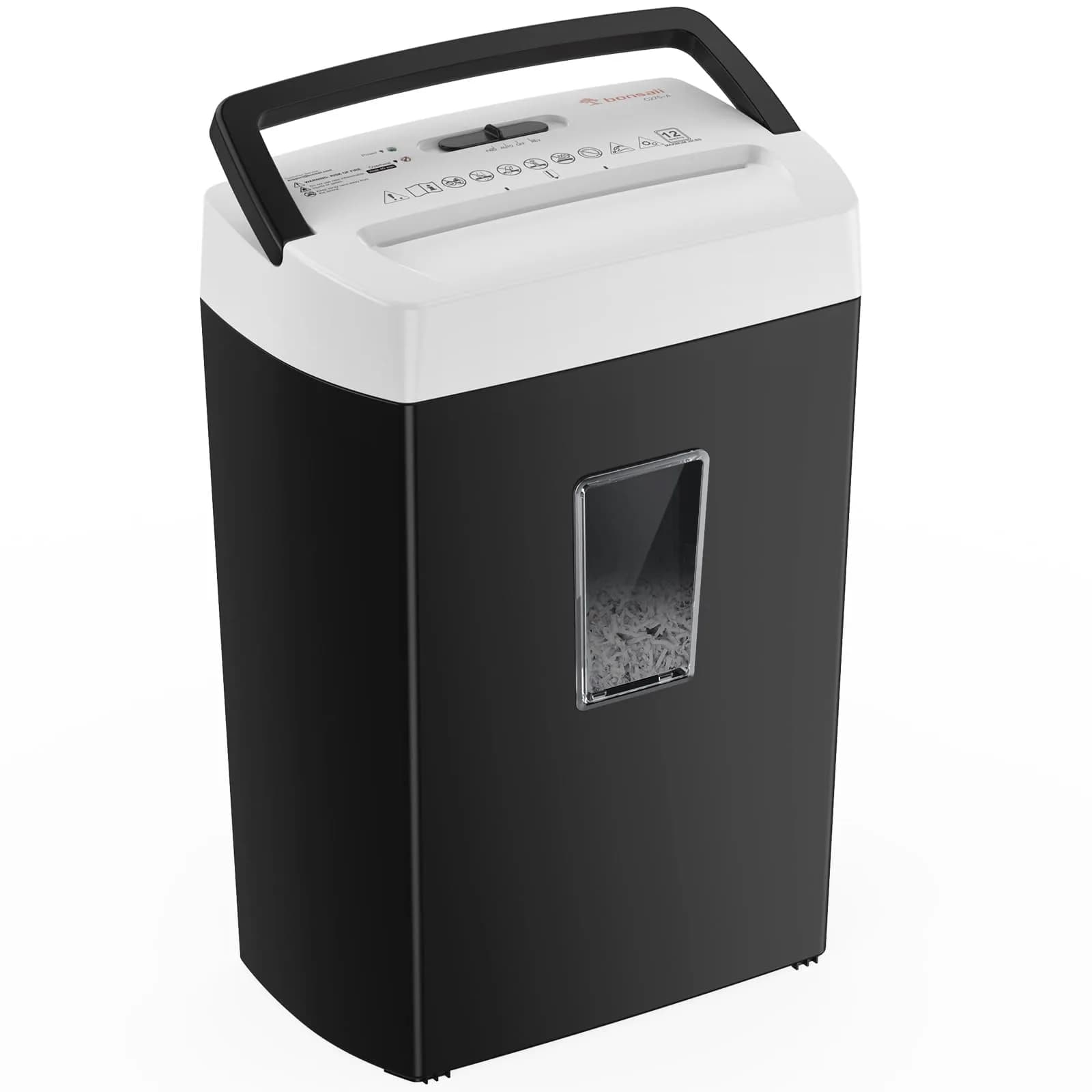 Bonsaii 12-Sheet Cross Cut Paper Shredder 5.46 kg (12 lb) | P-4 Security for Home Office Documents — Black White