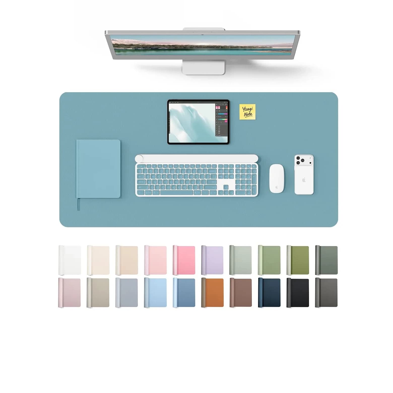 YSAGi Aquamarine PU Leather Desk Pad Protector 89.9cm x 43.2cm (35.4" x 17") | Protects Desks, Doubles as Large Mouse Pad