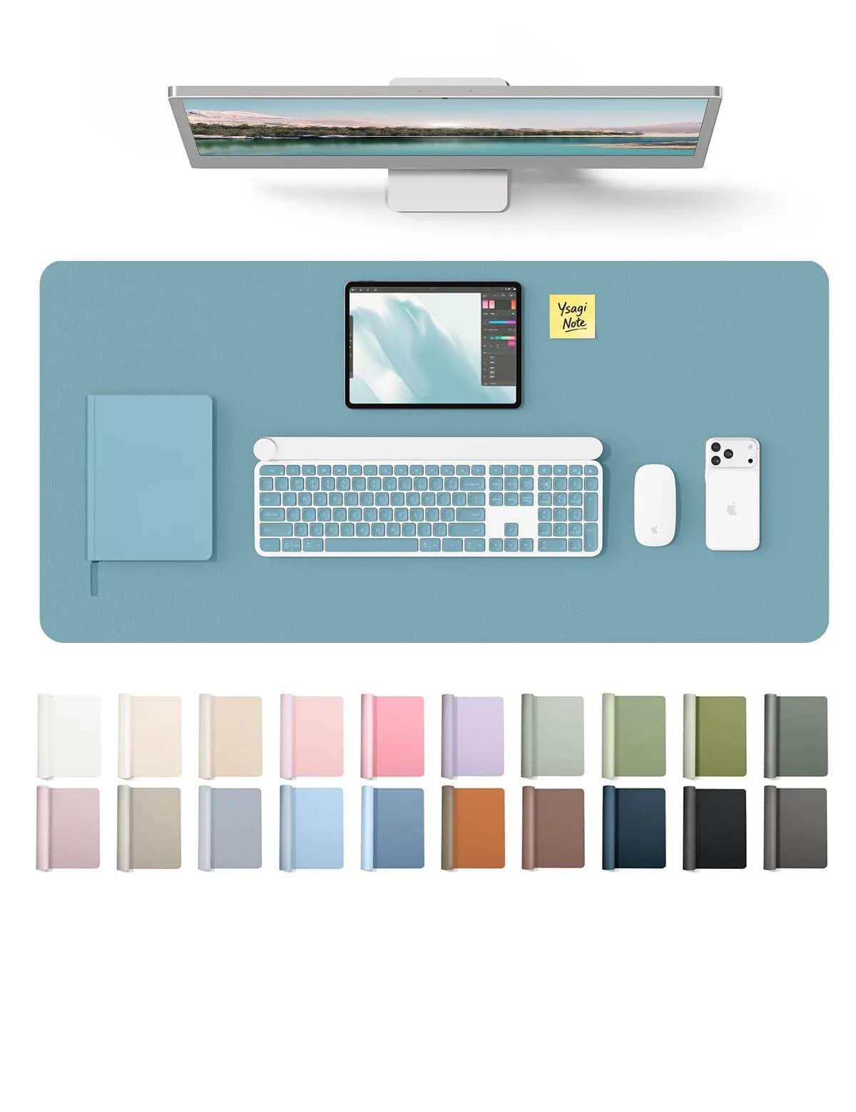 YSAGi Aquamarine PU Leather Desk Pad Protector 89.9cm x 43.2cm (35.4" x 17") | Protects Desks, Doubles as Large Mouse Pad — Aquamarine
