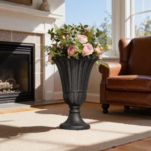 Diyfire Tall Plastic Urn Planters for Outdoor Plants Set of 2-23.6" H Classic Petal Design Indoor Large Flower Pots with Drainage Holes, Outdoor Planters for Porch Decor/Garden Vase, Black thumbnail 7