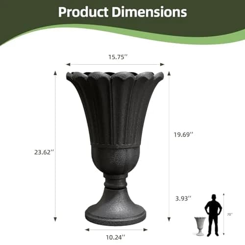 Diyfire Tall Plastic Urn Planters for Outdoor Plants Set of 2-23.6" H Classic Petal Design Indoor Large Flower Pots with Drainage Holes, Outdoor Planters for Porch Decor/Garden Vase, Black thumbnail 2