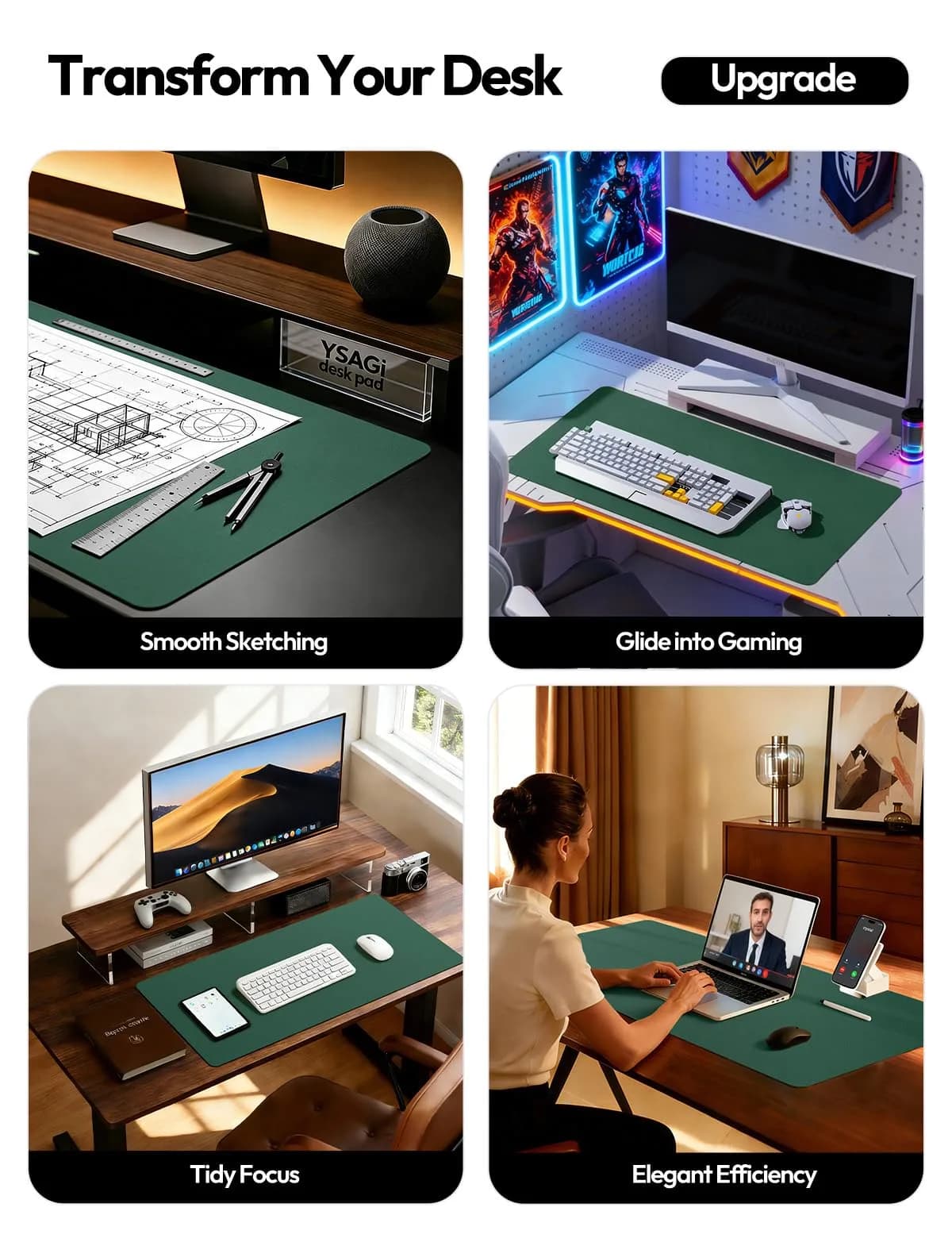 YSAGi Seafoam Green Desk Pad Protector, Large Mouse Pad, 31.5" x 15.8" | Protects Desk, Doubles as Mouse Surface