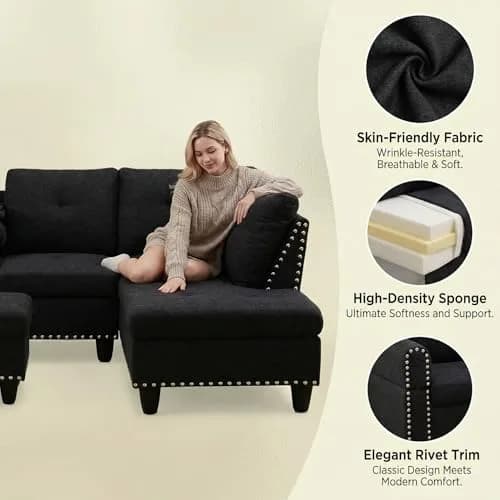 Topcomfy 97.5" L Shaped Couch Set Linen | Modular Living Room Sofa with Storage Ottoman thumbnail 4
