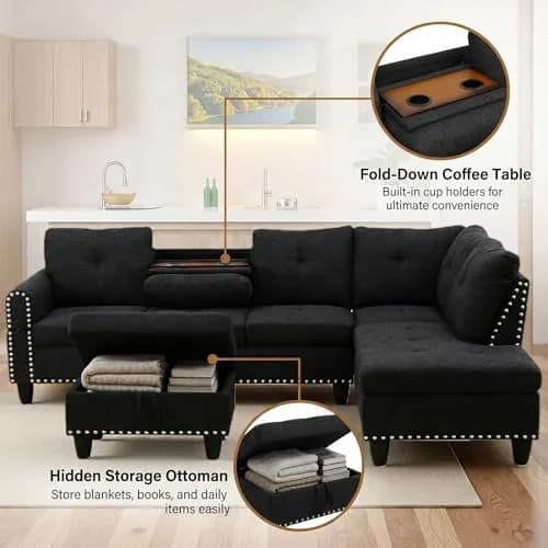 Topcomfy 97.5" L Shaped Couch Set Linen | Modular Living Room Sofa with Storage Ottoman thumbnail 5