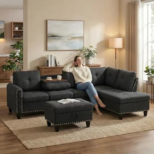 Topcomfy 97.5" L Shaped Couch Set Linen | Modular Living Room Sofa with Storage Ottoman thumbnail 8