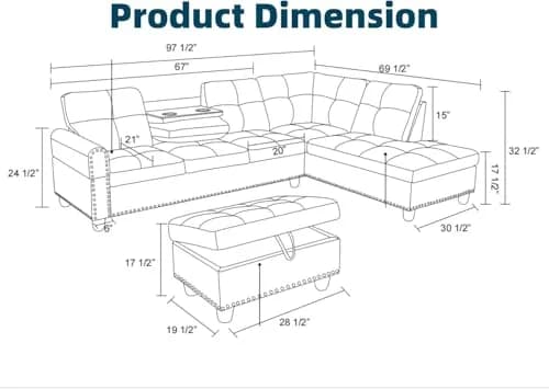 Topcomfy 97.5" L Shaped Couch Set Linen | Modular Living Room Sofa with Storage Ottoman thumbnail 9