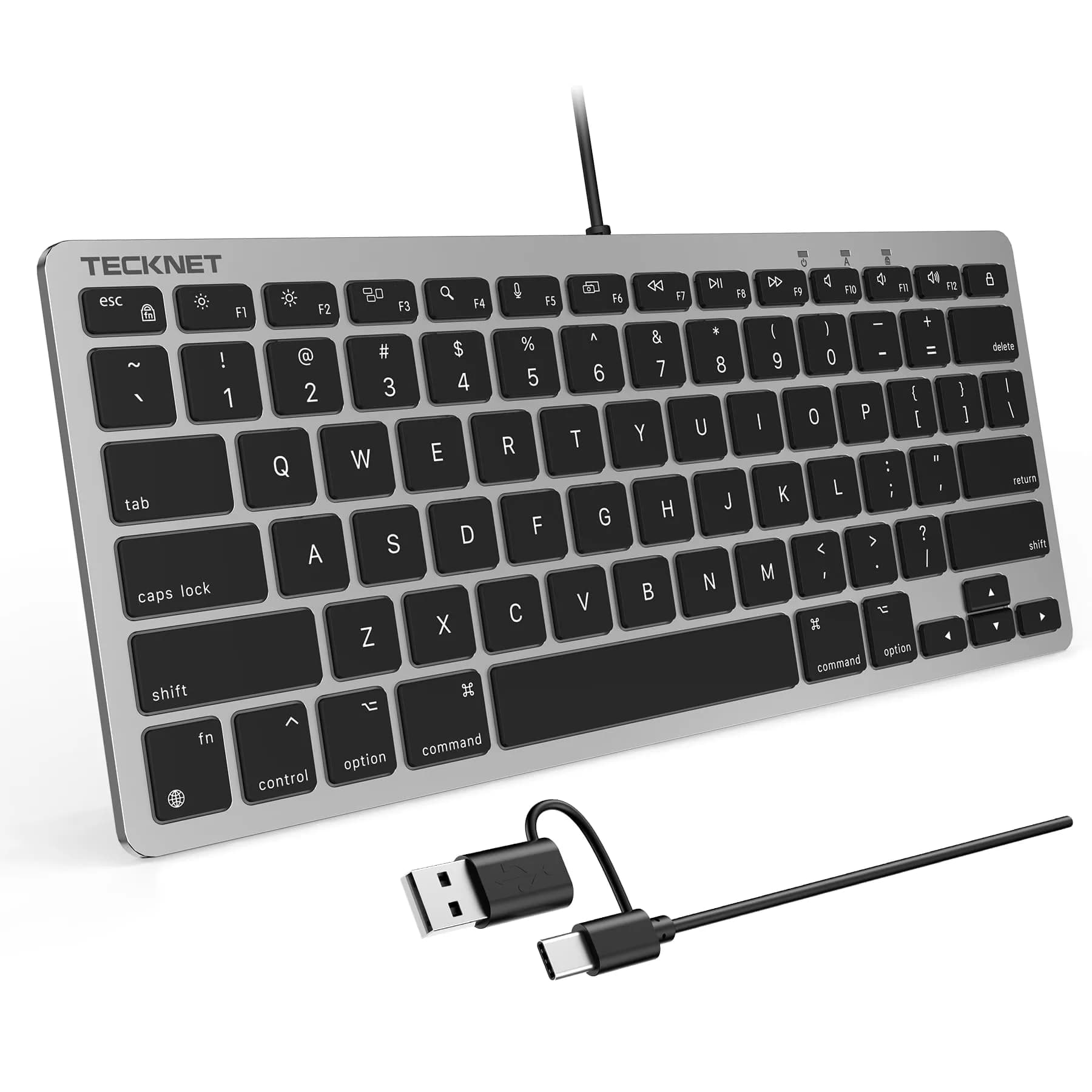 TECKNET Wired Mac Keyboard for MacOS Devices with Dual Interface, 78-Key Compact Layout | Ergonomic Typing Angle & Stable Connection — Gray Black