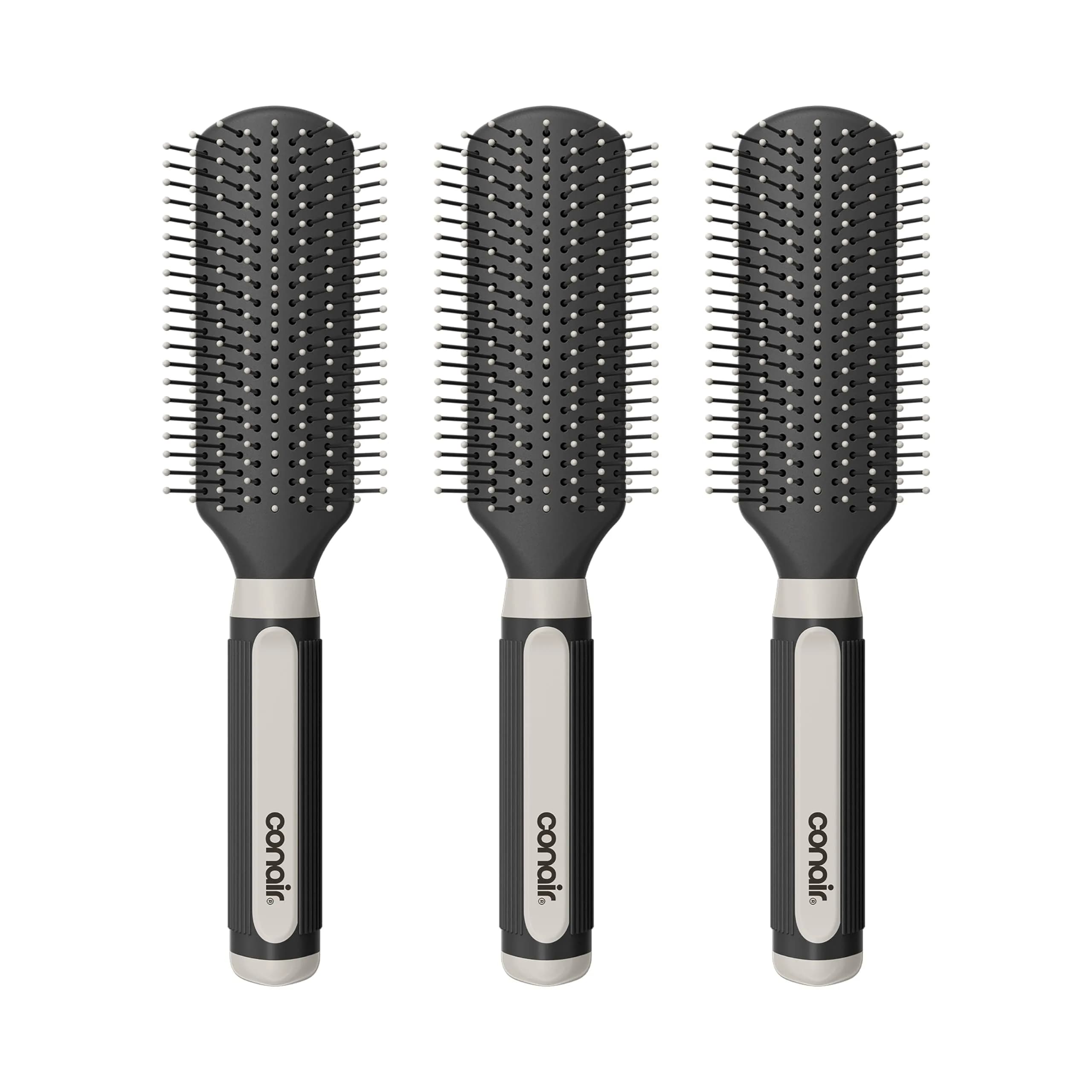Conair Grip & Shape Styling Hair Brush with Nylon Bristles, Grey | Detangles and Adds Volume — 3-Pack