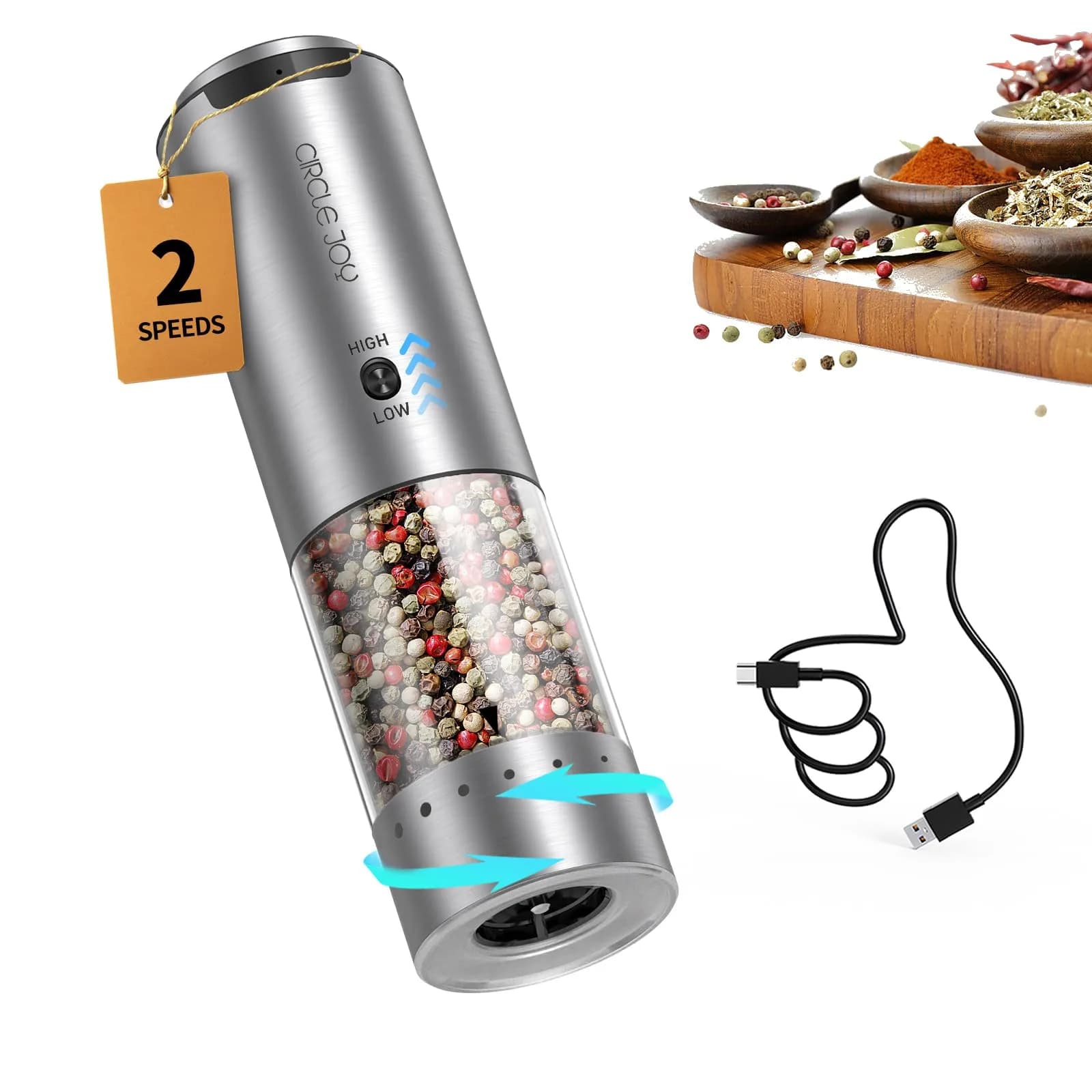 CIRCLE JOY Electric Pepper Grinder Stainless Steel Rechargeable with Variable Speed & LED Light | 95ml Container