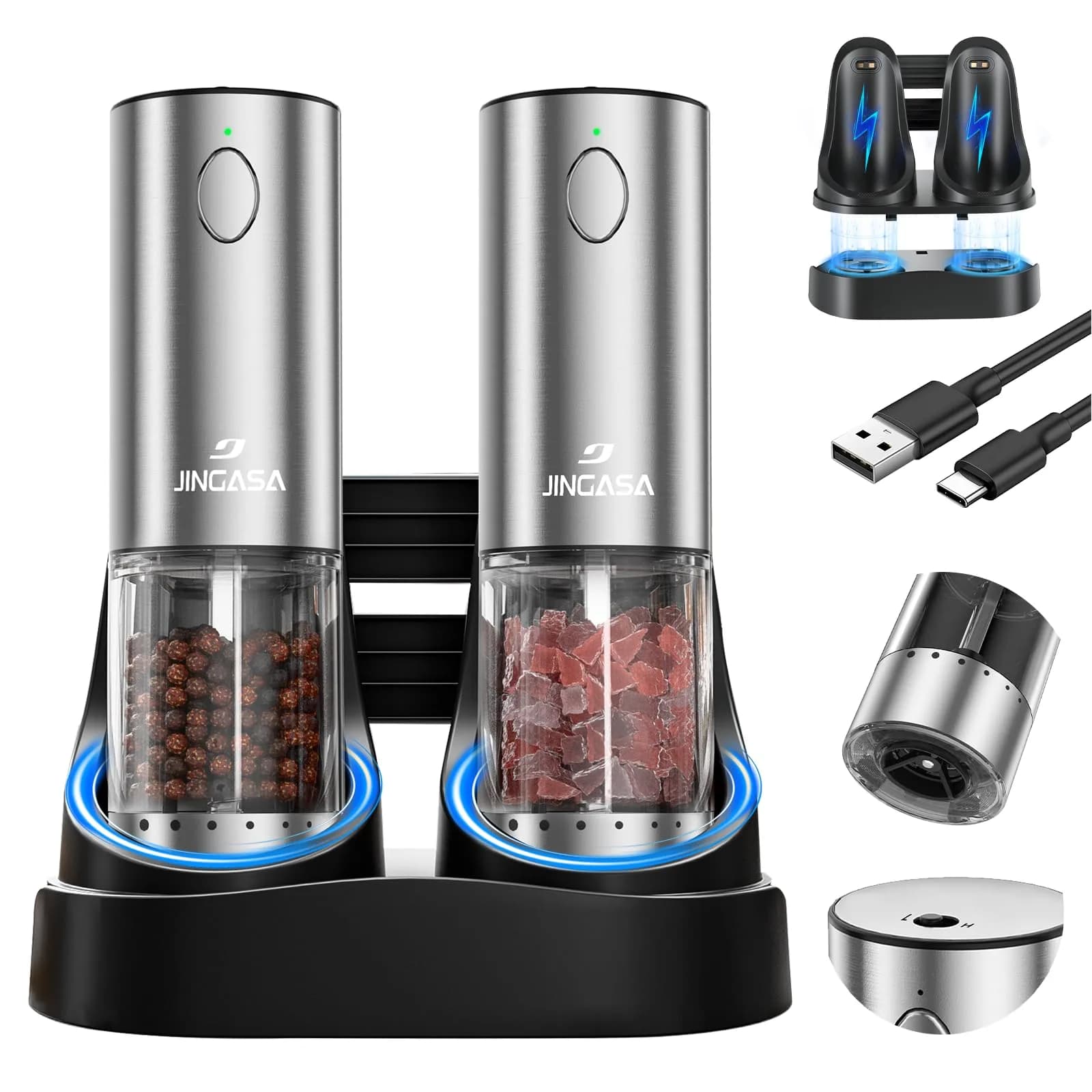 GATTLELIC Electric Salt and Pepper Grinder Set, 95ml Capacity, USB Rechargeable, LED Light, Adjustable Coarseness