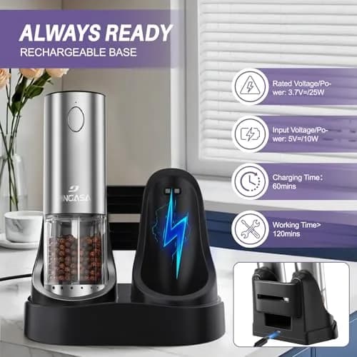 GATTLELIC Electric Salt and Pepper Grinder Set, 95ml Capacity, USB Rechargeable, LED Light, Adjustable Coarseness thumbnail 5
