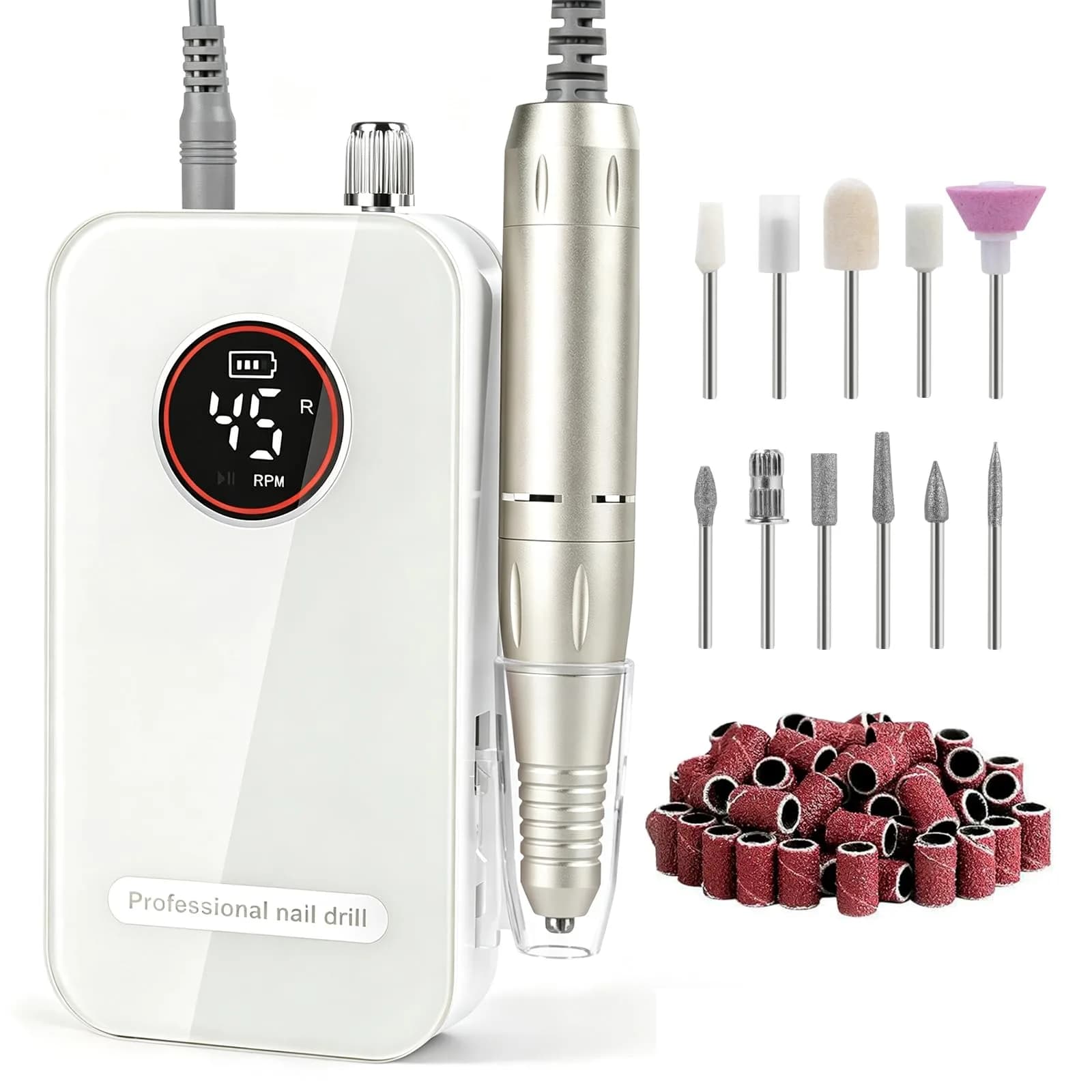 HQMPHQ Pink Professional Nail Drill Electric File 45000RPM | Low Noise & Rechargeable for Acrylic Gel Nails — Elegant White