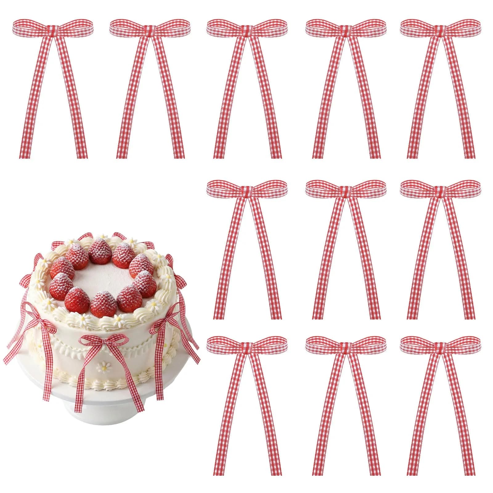 NatNarr Red Gingham Ribbon Bows 30 Pack | Pre-Tied Polyester Cake Toppers