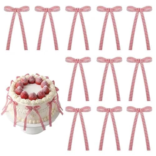 NatNarr Red Gingham Ribbon Bows 30 Pack | Pre-Tied Polyester Cake Toppers thumbnail 1