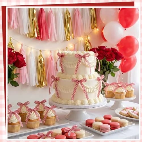 NatNarr Red Gingham Ribbon Bows 30 Pack | Pre-Tied Polyester Cake Toppers thumbnail 4