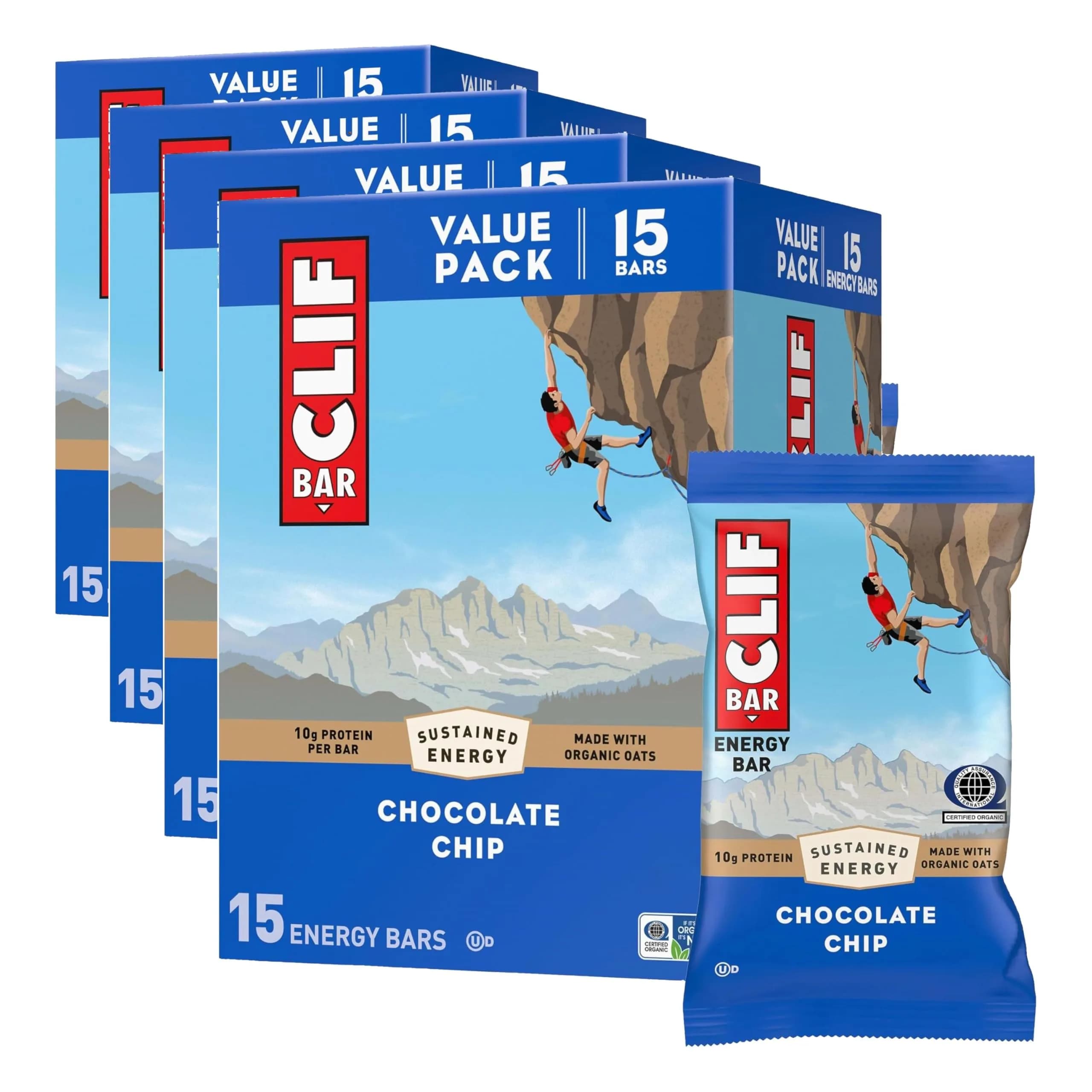 CLIF BAR Chocolate Chip Energy Protein Bars 60 Count (144 oz) | Plant-Based, Non-GMO, Made with Organic Oats