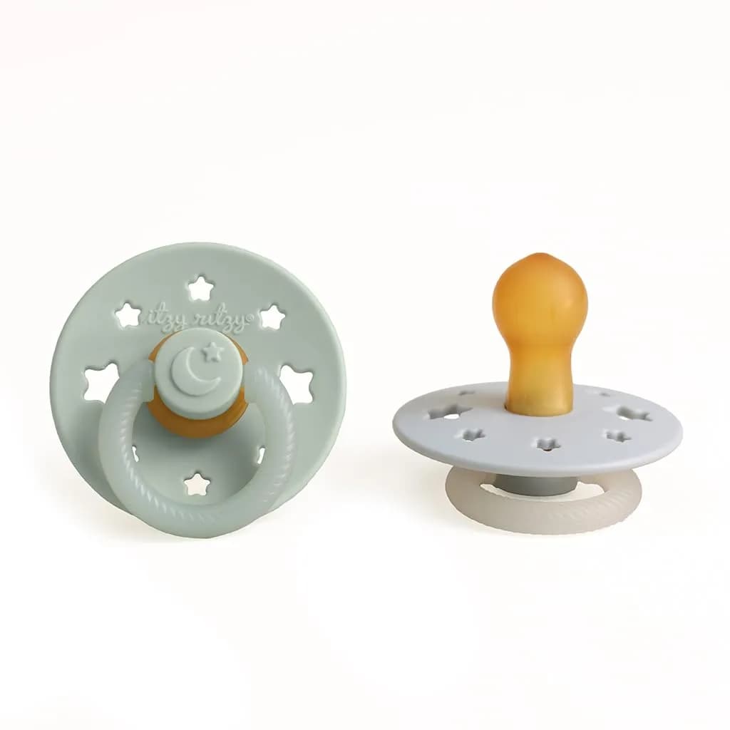 Itzy Ritzy Natural Rubber Pacifiers for 0–6 Mos | BPA-Free, Cherry-Shaped Nipple, Large Air Holes, Set of 2 — Glow in the Dark