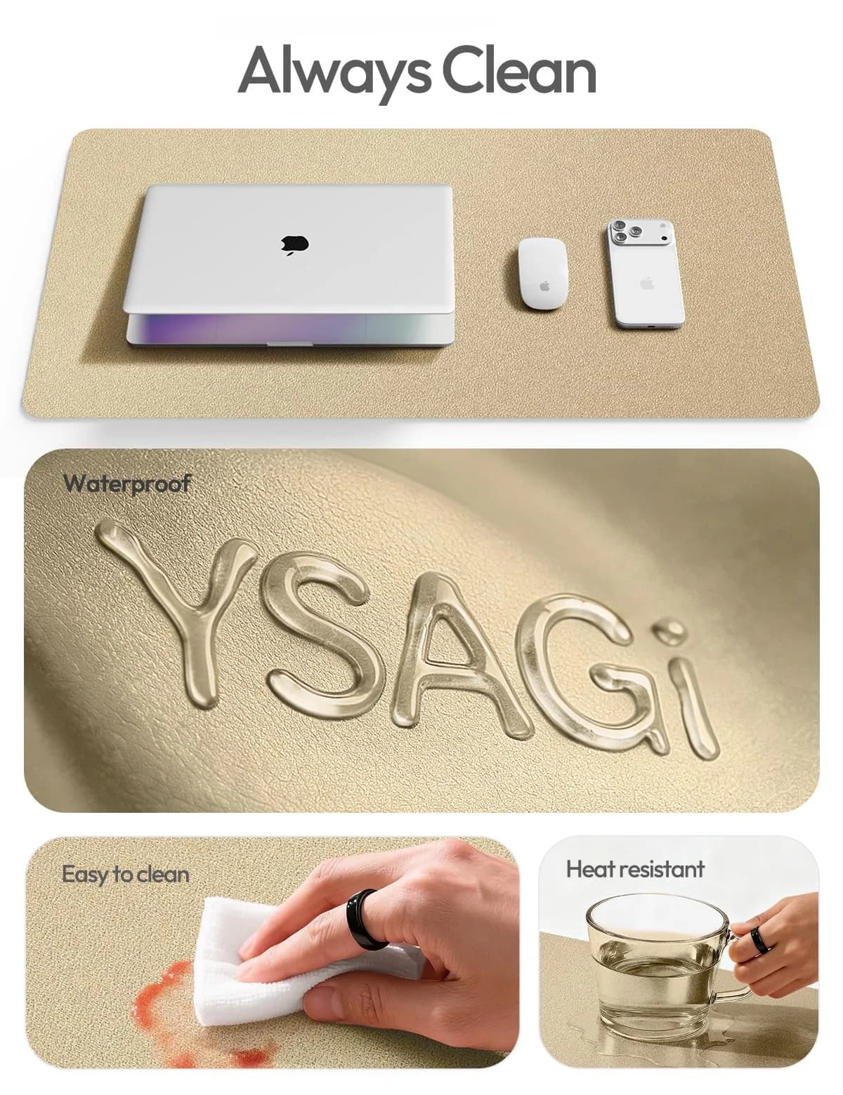 YSAGi Leather Desk Pad Protector Large Mouse Pad with Non-Slip PU Leather, 35.4" x 17" Gold | Protects Your Desk Surface thumbnail 7