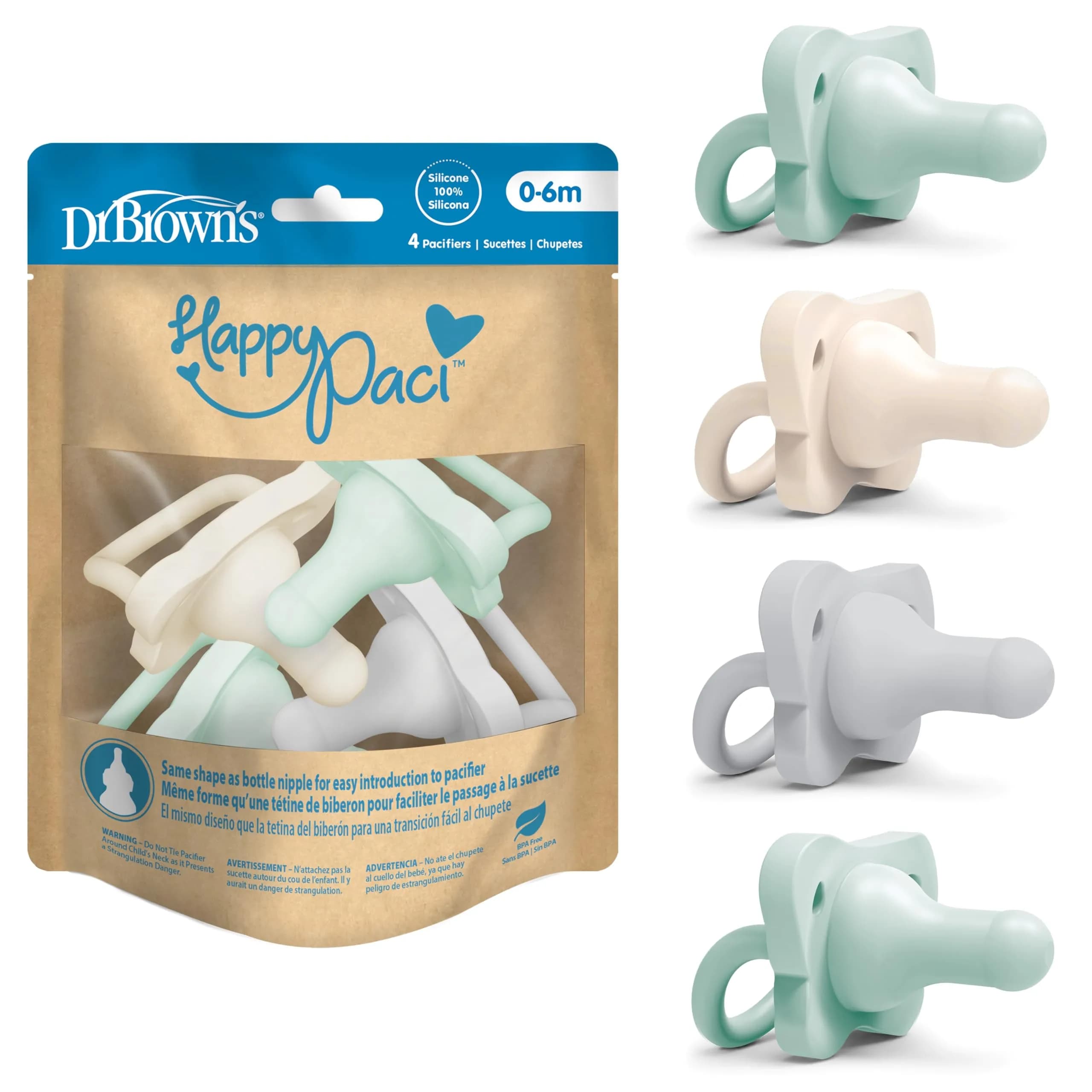 Dr. Brown's HappyPaci Silicone Pacifier 0-6m, 4-Pack | BPA-Free Soothing for Sensitive Gums