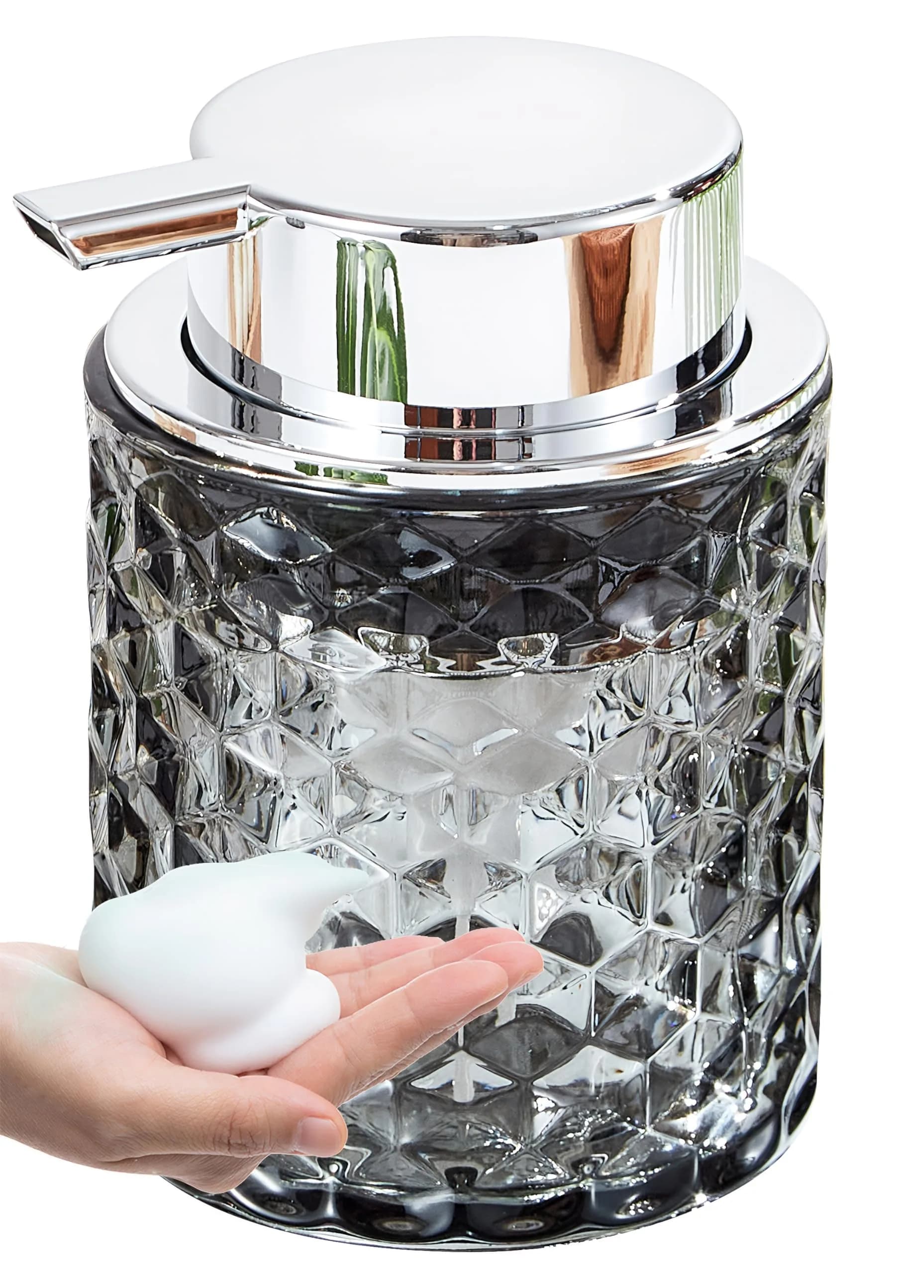 MALACHI Foaming Hand Soap Dispenser 300ml (10 oz) | Elegant Diamond Pattern Glass Bottle for Bathroom & Kitchen
