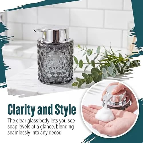 MALACHI Foaming Hand Soap Dispenser 300ml (10 oz) | Elegant Diamond Pattern Glass Bottle for Bathroom & Kitchen thumbnail 5