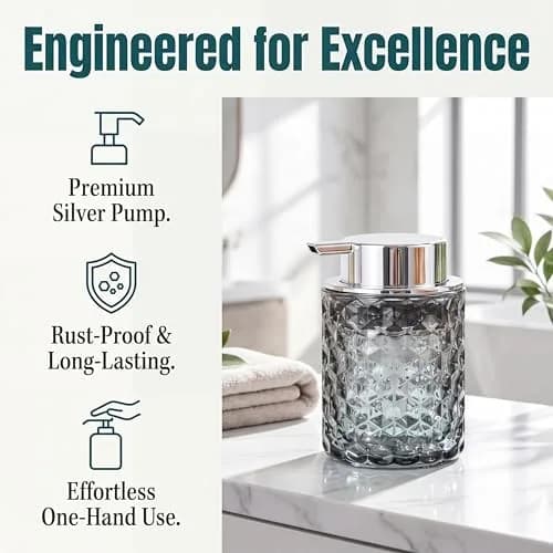 MALACHI Foaming Hand Soap Dispenser 300ml (10 oz) | Elegant Diamond Pattern Glass Bottle for Bathroom & Kitchen thumbnail 6