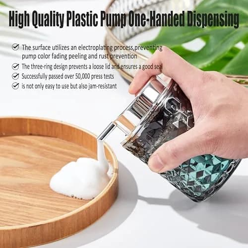 Malachi Foaming Hand Soap Dispenser, Clear Glass Pump Bottle 300ml (10 oz) | Elegant Diamond Pattern for Bathroom & Kitchen thumbnail 3