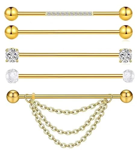 Suotarn Gold Industrial Piercing Jewelry 14G | Surgical Steel Cubic Zircon Bar for Men Women thumbnail 1