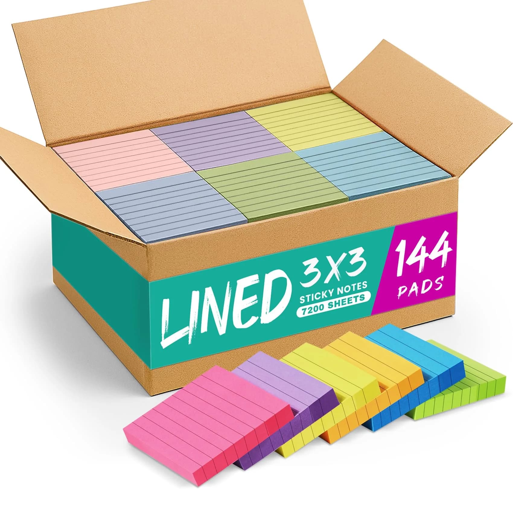 Taja Lined Sticky Notes 36 Pads, 7.62 cm (3 x 3 Inches), 50 Sheets/Pad | Bright Color for Office & Study — Bright