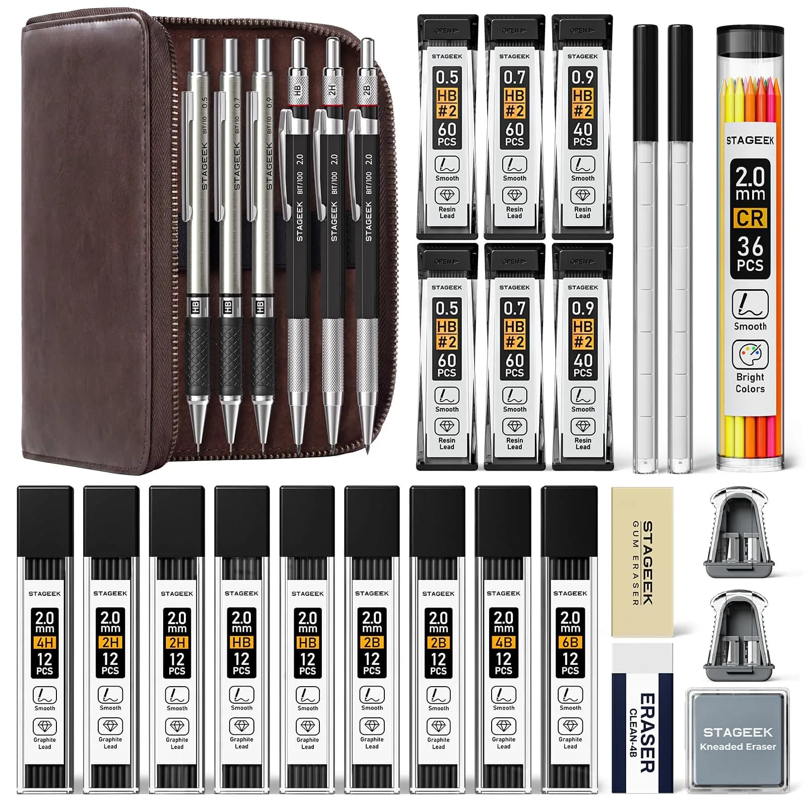 STAGEEK Mechanical Pencil Set with Case, 430g (0.95 lb) | 37 Pieces, 5 Models, 492 Leads — 0.5, 0.7, 0.9, 2MM with Leather Bag